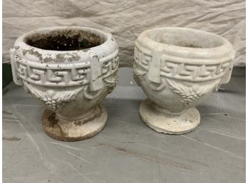 Pair Of 12 Inch Tall Cement Garden Planters With Greek Key And Grapes