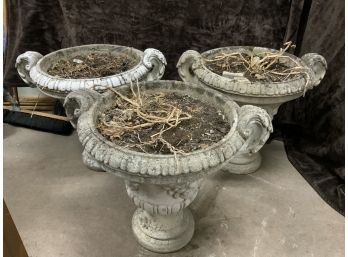 Three Cement Urn Planters With Fruit Front Signed