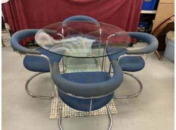 Round Glass Top Table With Set Of 4 Chrome Chairs