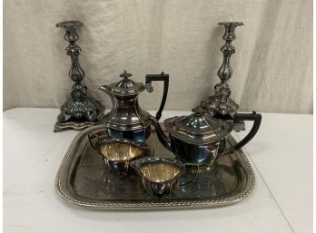 Silverplate Tea Set And Pair Of Candle Sticks