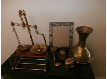 Brass Lot Including Scale, Book Stand, Turtle Ashtray, His Royal Highness Prince Albert Bank