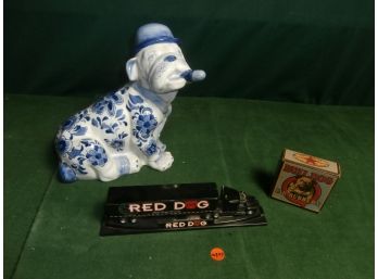 Bulldog Themed Collectibles Including Contemporary Blue And White Ceramic Bulldog With Cigar, Signed Base