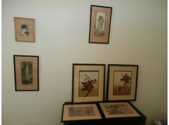 7 Piece Art Work Lot All Framed Including Wood Block Prints, Asian Inspired Scene Of Birds, Elders, Landscapes