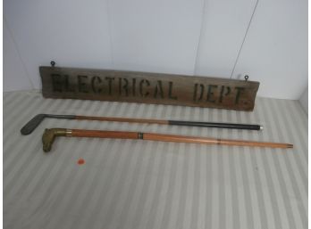 Wooden Electrical Dept. Sign Wooden Shaft Golf Iron Lady The Draper Maynard Co. Bulls Eye, Walking Stick