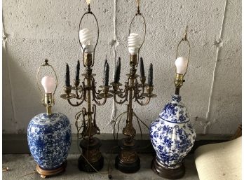 2 Blue And White Ginger Jar Style With Wooden Base Lamps And A Matched Pair Of Brass Lamps With Dragon Faces