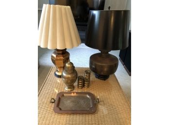 Brass And Copper Lot Including 2 Lamps, Tray, 3 Candlesticks, Ginger Jar With Lid