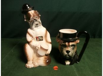 Ceramic Bulldog Themed Bar Items Including Vintage Figural Sitting Bulldog Decanter With Removable Cup