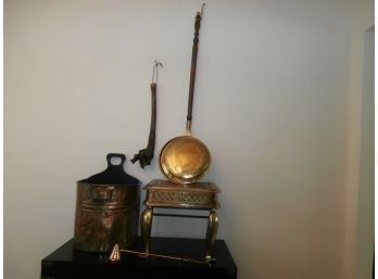 Brass And Copper Lot Including Bed Warmer, Candle Sniffer, Ceramic Cat On Base, Wooden Carved Ugly Stick