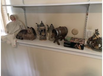Baby Doll With Bisque Head And Hands, Ceramic Cat, 2 Steins, Donkey Barrel Liquor Decanter #136XF, Etc.