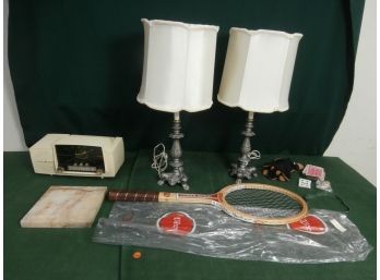 Assorted Lot Of Lamps, Clock Radio And Wilson Conqueror Racket And More