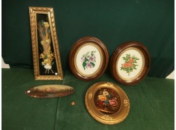 Grouping Of Artwork Including 2 Oval Walnut Frames With Inscriptions On Reverse