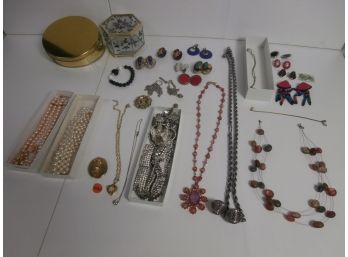 Costume Jewelry Lot Including Necklaces, Earrings, Owl Locket, Rhinestone Jewelry And More