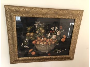 Large Framed Floral And Fruit Fabric Still Life In Early Gold Painted Frame With Repeating Floral Designes