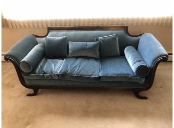 Wheat And Ribbon Motif Duncan Phyfe Style Vintage Sofa With Blue Upholstery Paw Capped Feet