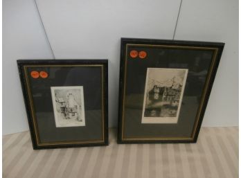 2 Signed Etchings Both Framed And Matted 1 Is Pencil Signed Wates Smugglers House Polperro