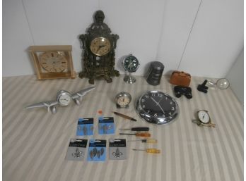 Assorted Novelty And Decorative Clocks, Bell And Howell Lantern, Bushnell Binoculars With Case, Etc