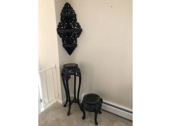 Carved Asian Fern Stand With Marble Inset, Low Carved Asian Theme Plater, Hanging 3 Tier Hanging Shelf