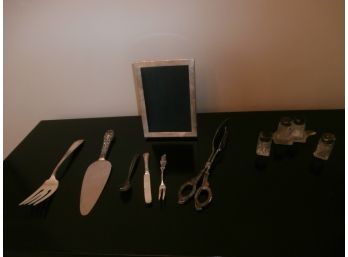 Sterling Handled Service Pieces, Unsigned Picture Frame, Sterling Capped Salt And Pepper Shakers And More
