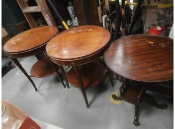 3 Mahogany Tables Including A Matched Pair Of Round Top Tables With Beaded Decoration, Etc