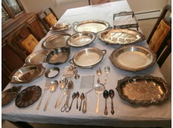 Large Assortment Of Silver Plated Items Including Platters, Bowls, Flatware And More