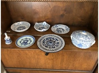 Blue And White Porcleain With Reticulated Plates And Covered Bowl