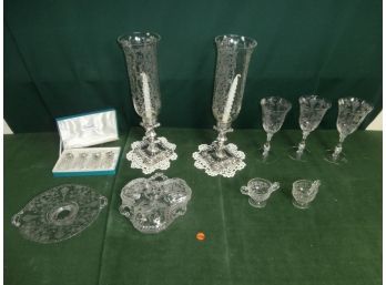 Fostoria Glassware 3 Stems, Divided Covered 3 Section Dish, Footed Plate, 4 Shakers With Box