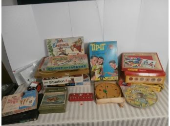 Vintage Game And Puzzle Lot Including Clue, Chutes And Ladders, Jack And The Bean Stalk, Tip It And More