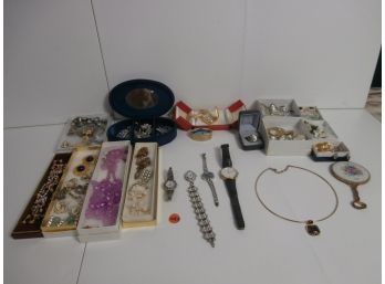 Costume Jewelry Including Quartz Watches By Futura, Geneva, Seiko, Timex, Rhinestone Jewelry, Earrings, Etc.