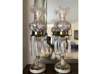 Pair Of Astral Electrified Lamps With Drop Prisms With Maple Leaf Design And Gold Trim