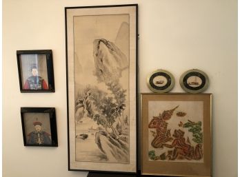 6 Pieces Of Artwork Asian Theme Including 2 Elders In Shadow, Asian Style Frames, Large Wood Block Landscape