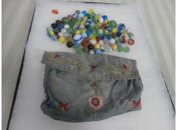 Vintage Glass Marble Collection Including Swirls, Clambroth, Etc. With Handmade Pouch