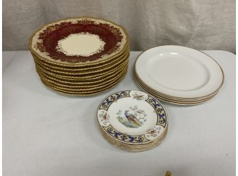 3 Stacks Of Antique Plates Including Gilman Collamore Coalport, Royal Crown Derby, And John Haddock And Son