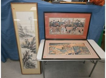 3 Asian Theme Works Including 1 Large Frame Outdoor Scene Signed And 2 Frames Triptychs Wooden Block