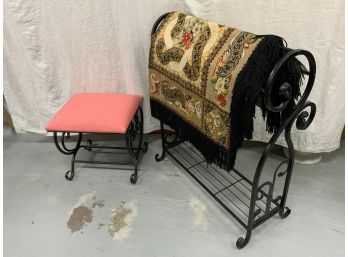 Two Black Metal Pieces Including Quilt Rack With Antique Piano Cover And Stool