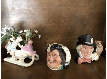 2 Royal Doulton Toby Creamers Capt. Henry Morgan And Mad Hatter And 2 Bisque Fairies With Display Domes, Etc.