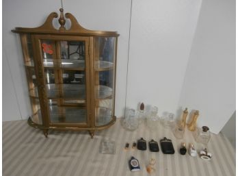 Gold Painted Hanging Display Cabinet With Vintage Perfume Bottle Collection