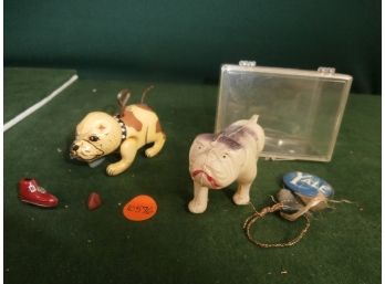 Vintage Celluloid Bulldog Signed Made In Japan Found With Yale Pin Back And Ribbon In Clear Plastic Case, Etc