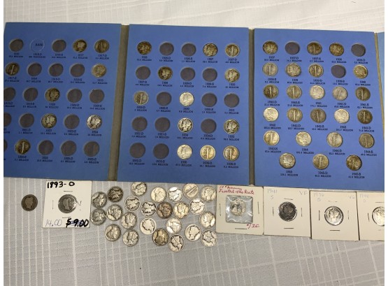Barber And Mercury Dime Collection 1893-1945 Including $7.49 Face In Silver