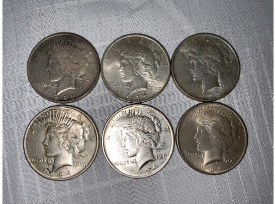 6 Peace Dollars 1922, 23, 24