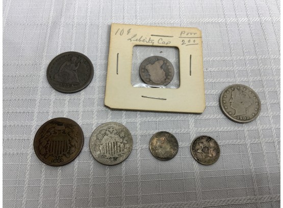 7 Early Coins 1853 Quarter, 1823 Dime, 2cent, Silver 3 Cent, Nickels
