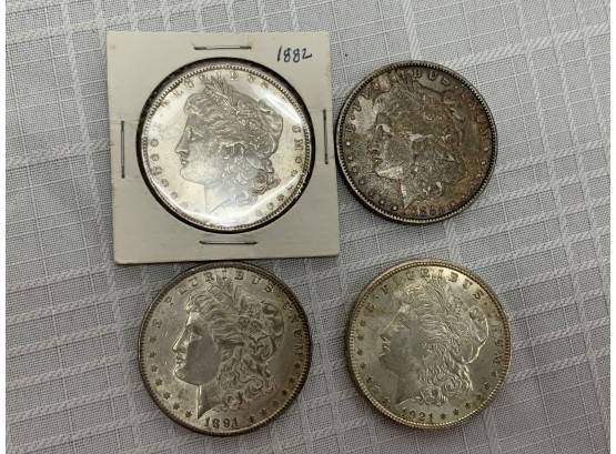 4 Morgan Dollars 1882, 85-o, 91, 1921
