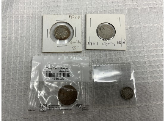 4 Early Coins Including 1853 Half Dime, 2c Piece, And Early Nickels