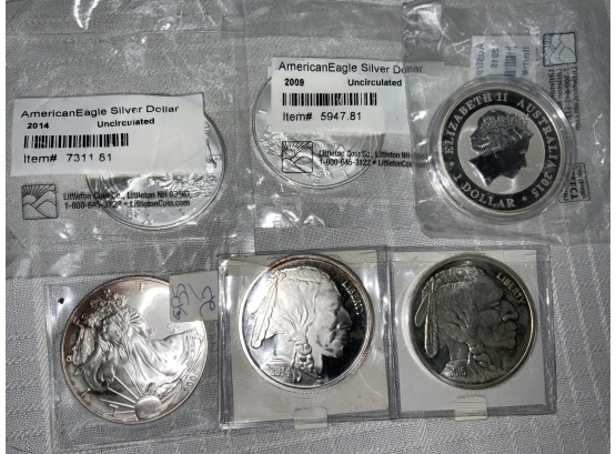 6 .999 Silver Rounds Including Eagles And Buffalo