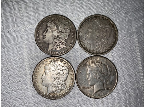 4 Silver Dollars Morgans And Peace 1889, 90-o, 1900-o, 1924
