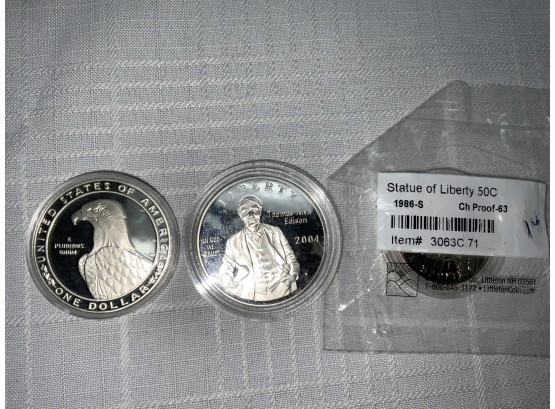 3 Commemorative Coins Inc. 1986 Statue Of Liberty 50c, 1983 Olympic $1, 2004 Edison $1