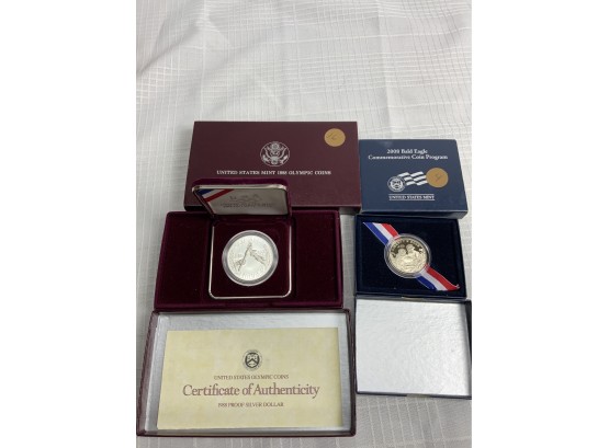 2 Commemorative Coins $1 1988 Olympic Ans 2008 50c Bald Eagle