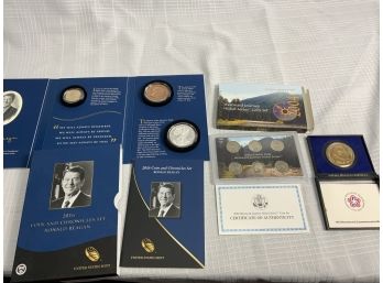 3 Coin Set Including 2016 Reagan Set With Silver Eagle, Nickel Set, Bicentennial Token