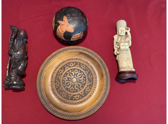 4 Pieces Lot Of Oriental And Decorative Items Including A Carved Figure