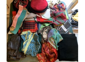 Assorted Lot Of Scarves, Hat, And Belts