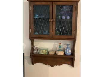 Pine Wall Curio Cabinet With Assorted Miniatures And Collectibles